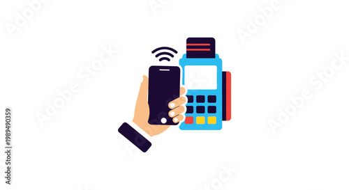 Hand holding phone near payment terminal.