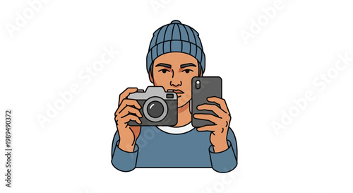 Man holding camera and smartphone device.