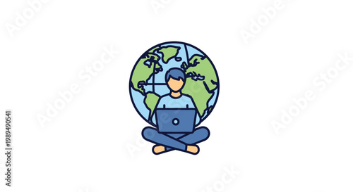 Man meditating with laptop computer globe.
