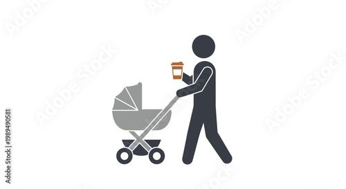 Man pushing baby stroller with coffee.