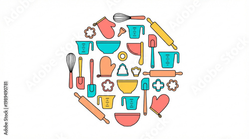 Baking Utensils Collection Arranged in a Circle.