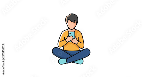 Man sitting cross-legged with smartphone.