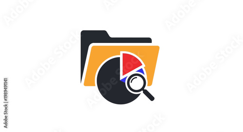 Pie chart icon with magnifying glass.