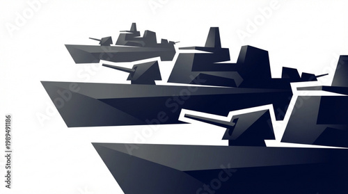 Modern Warships Fleet Sailing in Formation.
