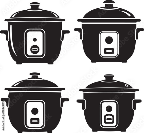 Rice cooker icons set with black and white control panel cooking pot food preparation cooking appliance food processor kitchen gadget white background appliance collection illustration