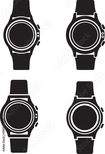 Wrist watch icons set with black and white background measurement tool accessory collection illustration silhouette minimalist personal chronograph business wearable measurement