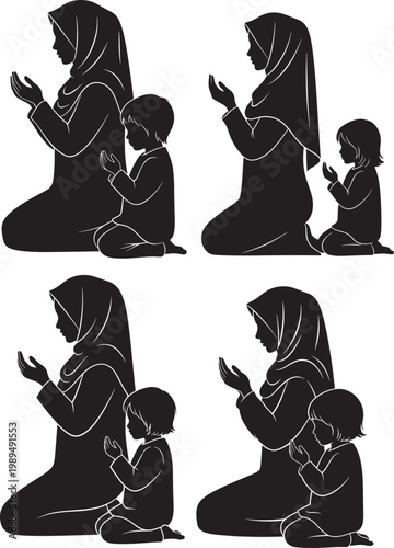 Black silhouette of muslim woman in hijab and child kneeling together in prayer and worship representing islamic faith and family devotion spiritual journey kneeling silhouette religion devotion