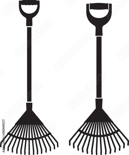 Two black silhouette garden leaf rakes with leaf rake garden tool black and white flat design white background gardening equipment silhouette isolated illustration cleaning sweeping