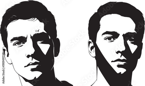 Two striking black and white portraits of young men with dramatic lighting facial features portraits silhouettes contrast lighting expressive close up headshot individual character artistic
