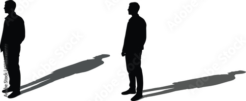 Two men casting long shadows on a white background with long shadow silhouette standing isolated contrast minimalist symbolic loneliness outdoors daylight studio shot side view contrasting