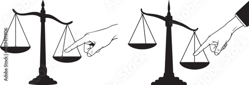 Illustration of scales of justice with hands manipulating the scales one scale is unbalanced legal system social issues legal advice legal process imbalance manipulation fairness judgment