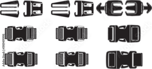 Set of black and white plastic buckle illustrations with outdoor gear sporting goods equipment part sewing supplies fastener connector illustration collection isolated component equipment