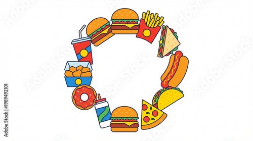 Circle Frame of Delicious Fast Food Items Collage.