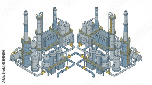 Industrial Chemical Plant Complex with Towers and Pipelines.