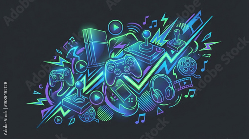 Vibrant Neon Gaming and Entertainment Collage.