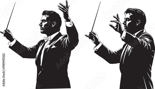 Conductor leading orchestra with baton silhouette conductor orchestra performance musician classical symphony silhouette isolated background leadership direction artistic conducting