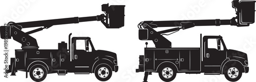 Two bucket trucks with extended boom lifts bucket truck boom lift utility truck cherry picker power lines construction equipment industrial machinery platform transport mechanic operator