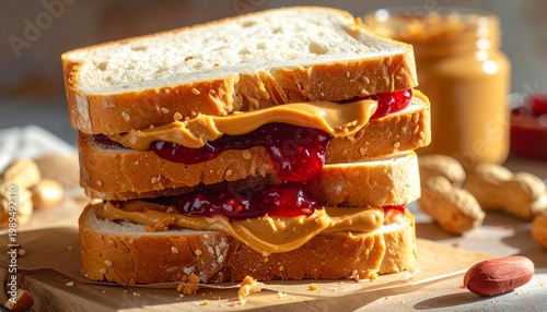 Close-up of stacked peanut butter and jelly sandwiches on white bread with dripping jam, cozy homemade comfort food scene.