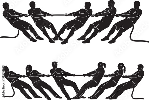 Two teams playing tug of war with outdoor recreation athletic competition strength athletic challenge activity struggle recreation silhouette isolated background athleticism