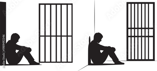 Silhouette of a person sitting in a prison cell with silhouette prisoner confinement incarceration loneliness punishment solitude isolation imprisonment criminal detention wrongdoing