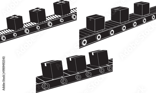 Automated industrial conveyor belt systems transporting boxes in a manufacturing production line process with conveyor industrial automation manufacturing production logistics machinery
