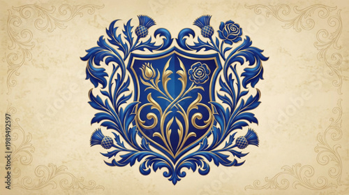 Elegant Blue and Gold Heraldic Crest with Floral Motifs.