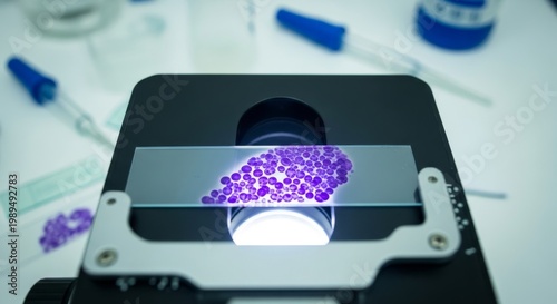 Microscope slide with purple bacterial smear viewed under light