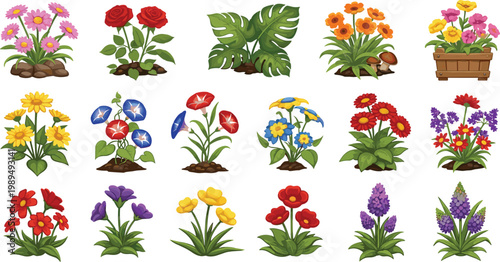 Collection of Colorful Garden Flower Icons and Tropical Plants Including Roses, Daisies, and Monstera Leaves for Floral Design, Botanical Illustrations, and Spring Gardening Projects