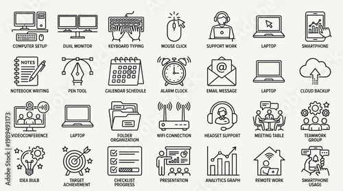 A comprehensive set of line icons depicting various technology, business, and office-related concepts and activities for modern work environments.