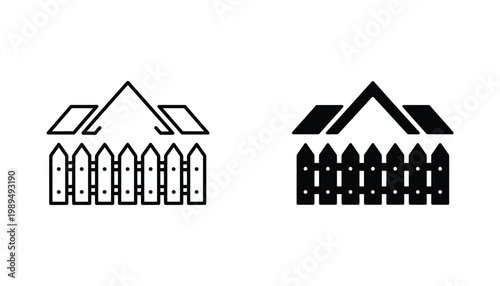 Roof and wooden fence icon representing home improvement and residential boundary property concept design