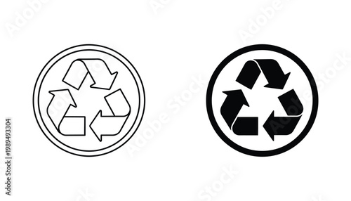 Universal recycling symbol icon set featuring circular arrow design in linear and solid black vector style for waste management and environmental sustainability communication materials and graphics