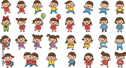 Mega Set of Cute Cartoon Children and Toddler Characters Playing, Jumping, and Holding Balloons for Preschool Education, Nursery Decor, and Children's Book Illustrations