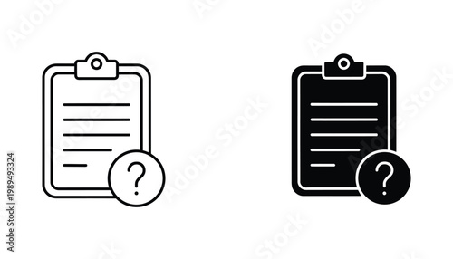 Clipboard with question mark icon set in outline and solid black styles for survey feedback and task inquiry concepts in professional business software interfaces