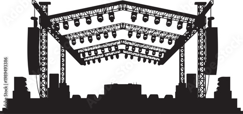 Concert stage silhouette vector illustration, music festival, outdoor event, lighting rig