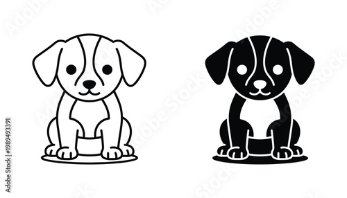 Cute puppy dog sitting icon set in outline and solid black silhouette styles for pet shop branding and veterinary clinic logo design elements