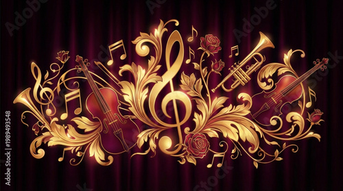 Ornate Golden Musical Flourish with Instruments and Notes.