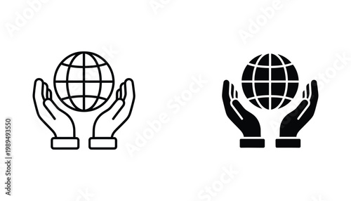 Human hands holding global earth globe icon representing environmental protection and sustainability in vector graphic design