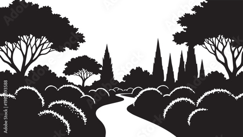 Park path silhouette vector illustration, nature landscape, trees, bushes, garden, trees