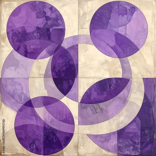 Abstract geometric composition, showcasing intersecting purple circles against a textured, light beige backdrop. The overlapping shapes create depth