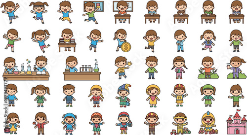 Mega Collection of Cute Cartoon School Children Icons Featuring Students Studying, Doing Science Experiments, Playing, and Wearing Costumes for Educational Primary School Designs