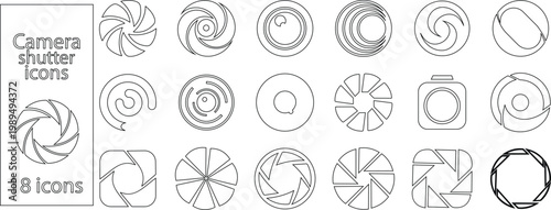 Camera shutter icon set collection group, aperture lens diaphragm photography symbol vector pack, camera iris shutter circle icons, flat and line style black icons isolated on transparent background