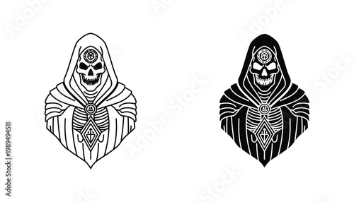 Grim reaper skull icon set wearing a hooded cloak with geometric patterns in outline and solid black silhouette styles for mystical or dark fantasy themes