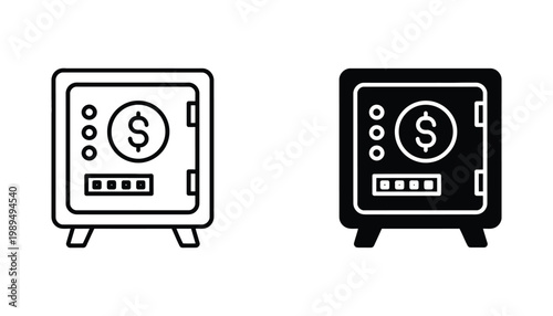 Safe deposit box with dollar sign and keypad lock icon in outline and solid black style for secure financial storage and banking concepts isolated on white background