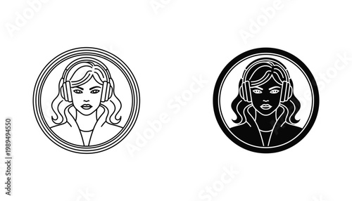 Woman wearing headphones icon set in circular frame with outline and solid black variations for music audio and podcast branding elements