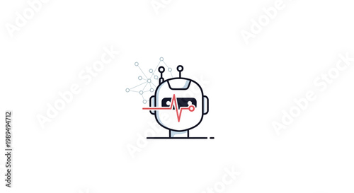 Sick cartoon robot with thermometer.