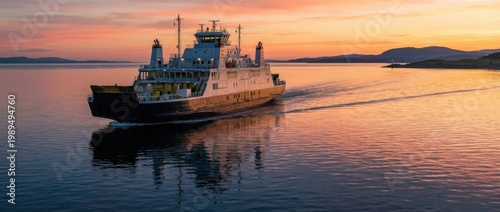 ferry crossing calm waters at sunset showcasing detailed vessel structure and vibrant reflections ideal for travel transportation and maritime industry projects or presentations