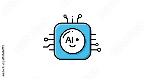 Smiling AI microchip cartoon character face.