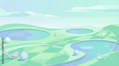 Golf Course Scene with Clubs and Balls.