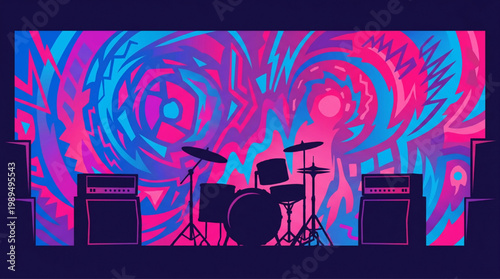Drum Kit On Stage With Colorful Psychedelic Background.