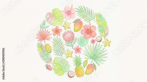 Watercolor Tropical Fruits and Flowers Arrangement.
